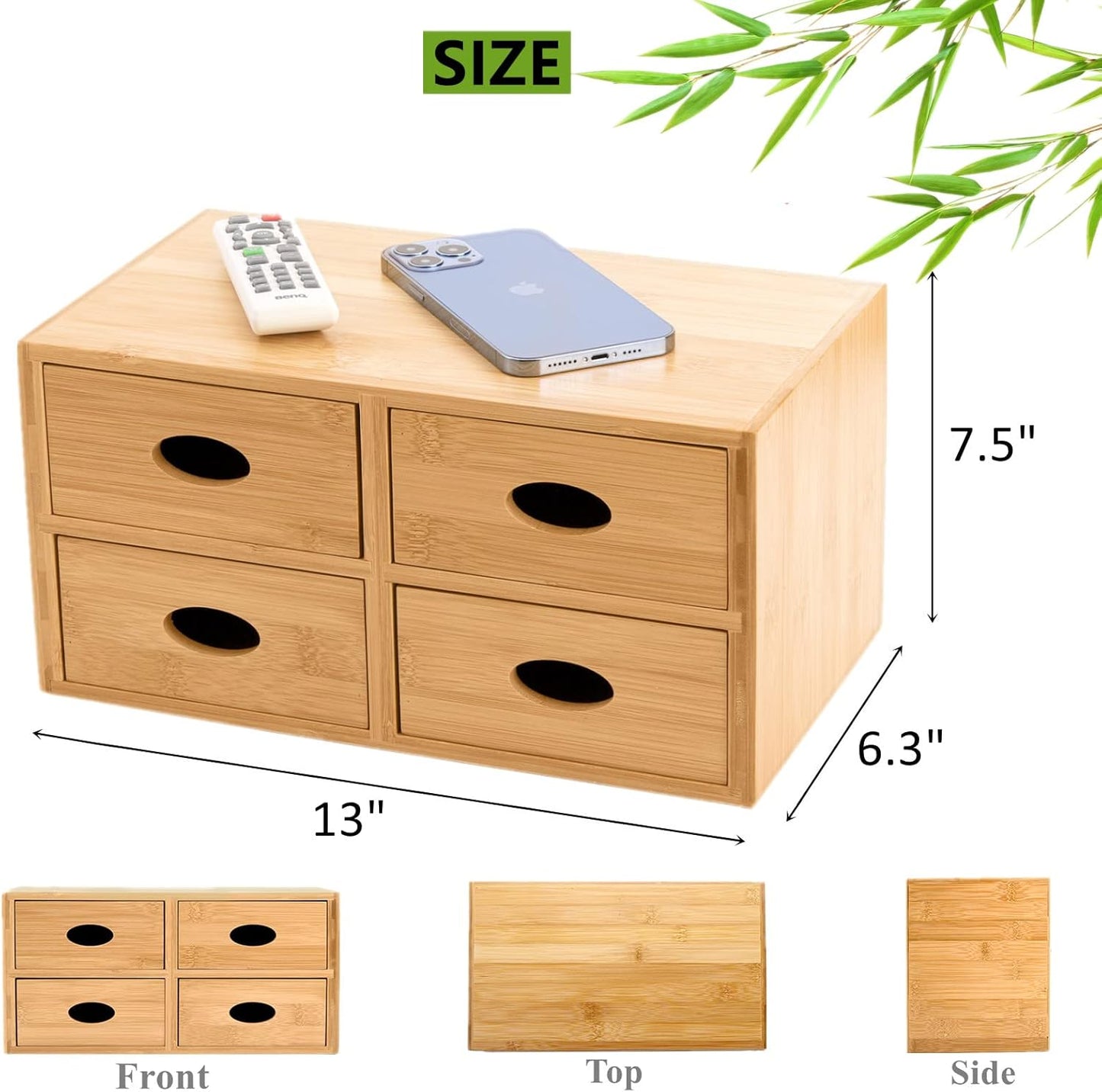 ZOOFOX Bamboo Desk Organizer, 100% Natural Bamboo Tabletop Storage Box with 4 Drawers, Night Stand Table Organizer, Wooden Desktop Drawer Organizer for Makeup Vanity Office Supplies
