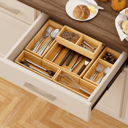 Lifewit Drawer Organizers 5 Pack(11 Grid) with 6 Inserts, Adjustable Bamboo Wooden Drawer Dividers, Stackable Storage Box for Utensils, Silverware, Makeup, Junk in Kitchen/Bathroom/Office/Vanity