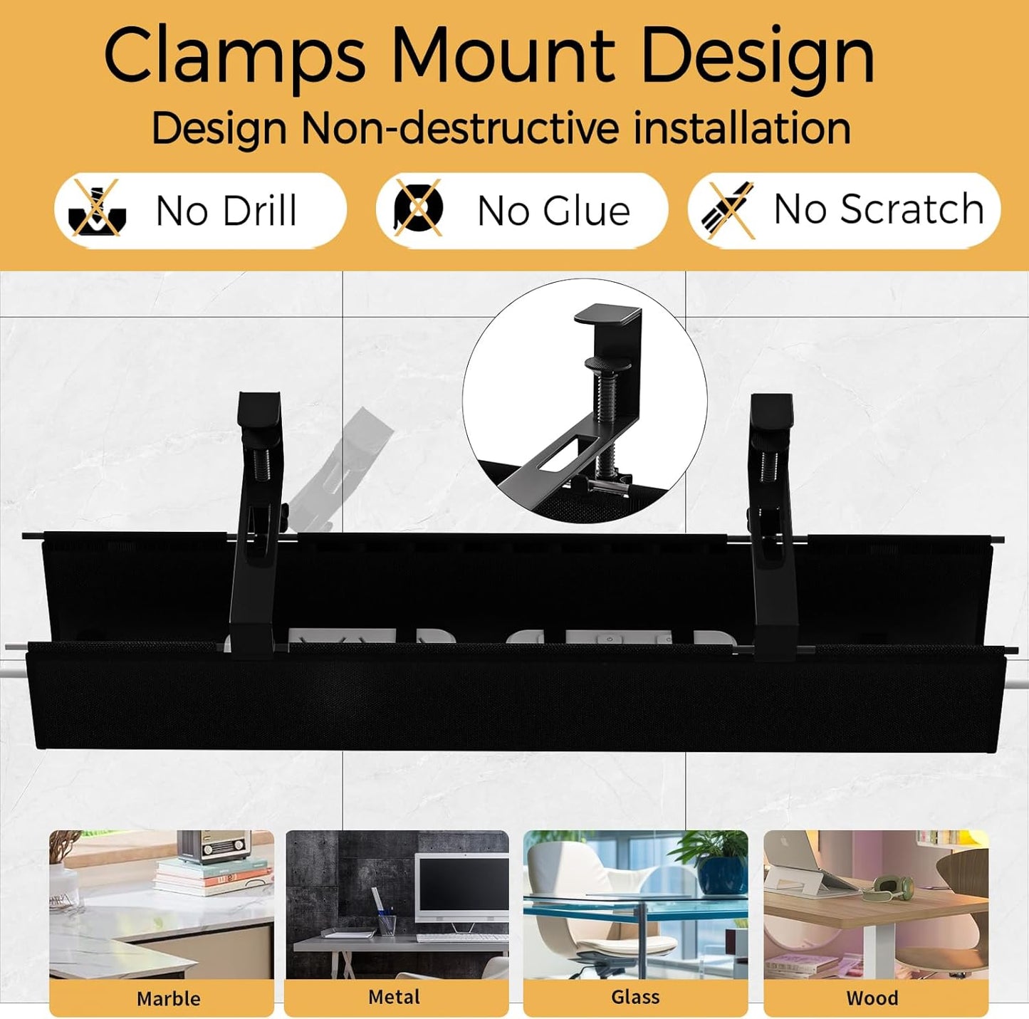 Under Desk Cable Management Tray 27.2" - No Drill Computer Wire Organizer Cable Tray, Cord Hider Clamp Mount with 16X Cable Ties PC Cables Management Cord Holder for Office/Home (Upgrade Fabric,White)