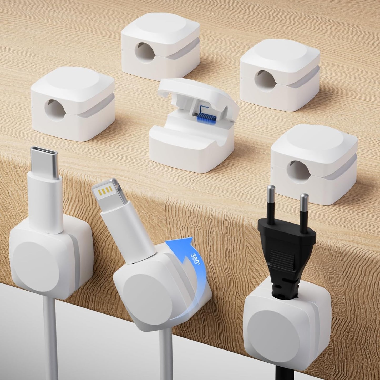 Rotatable Cord Organizer, Enhanced Spring Cable Clips, Strong Adhesive Cable Management, Desk Cord Holder for Nightstand, Office Accessories and Car (4 White + 4 Black)