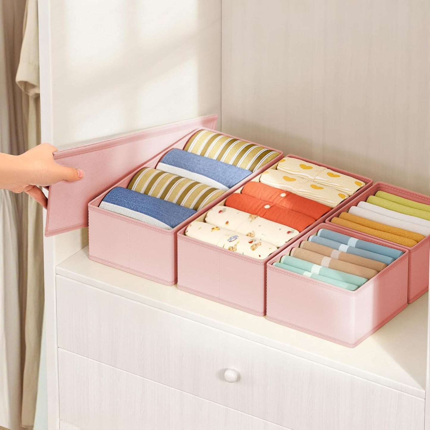 DIMJ Drawer Organizers Clothes, Dresser Organizer Bins for Baby Clothes,Underwear and Sock, Fabric Closet Organization and Storage Boxs, Drawer Dividers for Nursery, Clothing, Tie - 4 Pack, Beige