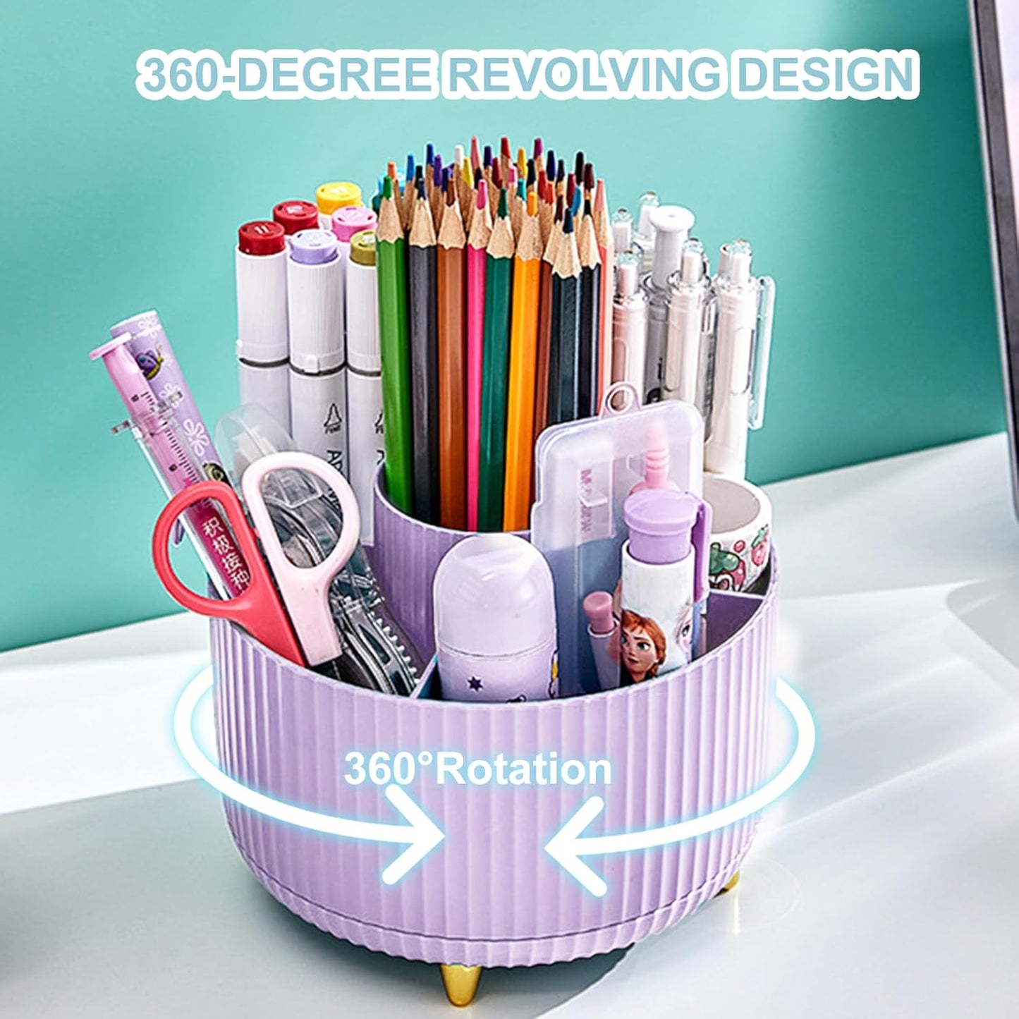 Cayxenful Pencil Holder For Desk,5 Slots 360°Degree Rotating Desk Organizers And Accessories,Desktop Storage Stationery Supplies Organizer, Cute Pencil Cup Pot For Office, School, Home (B-White)