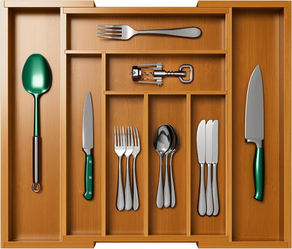 Pipishell Bamboo Expandable Silverware Drawer Organizer, Adjustable Kitchen Utensil Tray for Forks, Spoons and Knives, Wood Storage Cutlery Holder for Bedroom and Living Room
