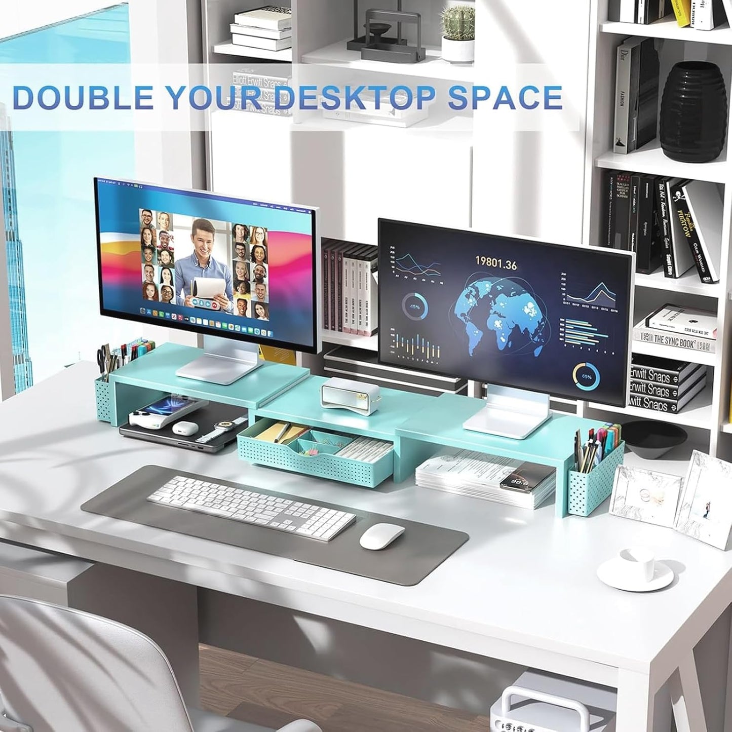 gianotter Dual Monitor Stand Riser, Desk Organizer With Drawer and 2 Pen Holders, Computer Monitor Stand, Shelf for Top of Desk, Black