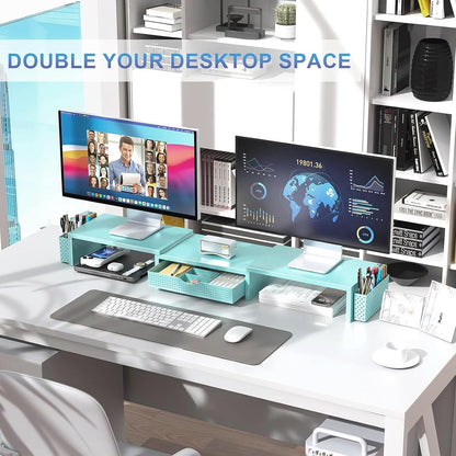 gianotter Dual Monitor Stand Riser, Desk Organizer With Drawer and 2 Pen Holders, Computer Monitor Stand, Shelf for Top of Desk, Black