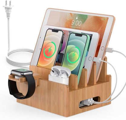 Pezin & Hulin Bamboo Charging Station for Multiple Devices with 5 Port USB Charger, 5 Cables, Smart Watch & Earbuds Stand, Desk Docking Stations Electronic Organizer for Cell Phone, Tablet