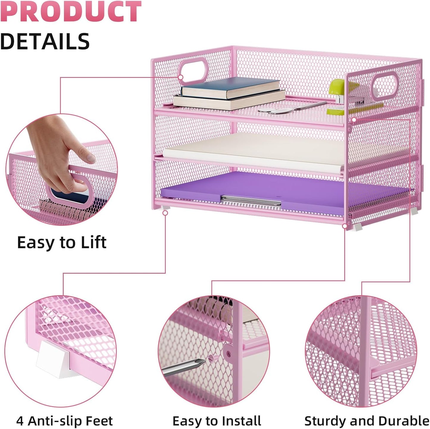 Marbrasse 3 Tier Paper Organizer Letter Tray, Mesh File Organizer with Handle, Paper Sorter Desk Organizer for Home Office Supplies