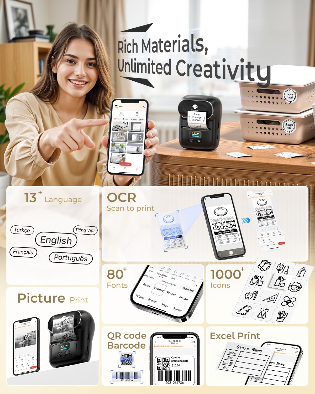Memoqueen Thermal Label Maker - M110 Barcode Label Printer Portable Bluetooth Labeler Maker Machine for for Small Business, Address, Logo, Clothing, Mailing, with 40x30mm Label, Pink