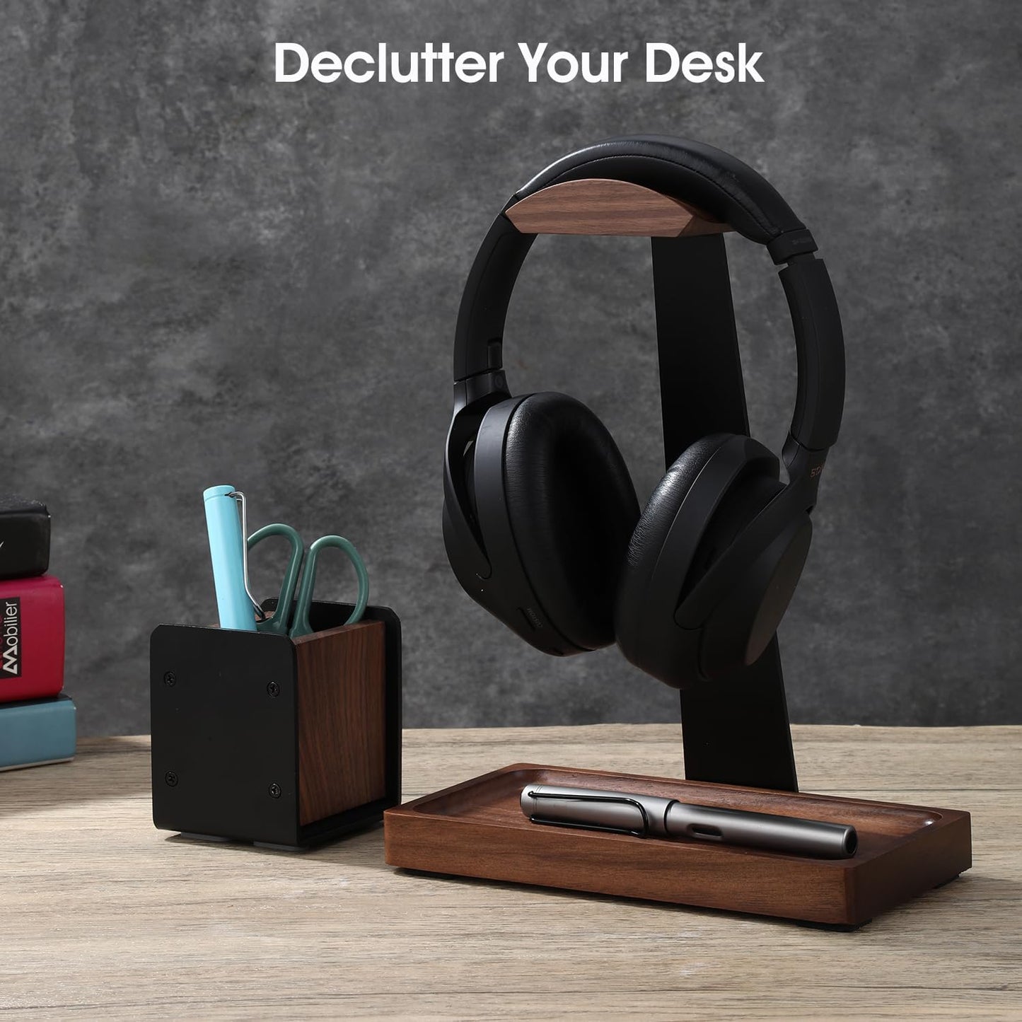 Walnut Desk Tray with Pen Holder Set, Solid Wooden Desk Drawer Organizer for Keys, Pen, Watch, Airpods, Earbuds, Cool Valet Tray for Men