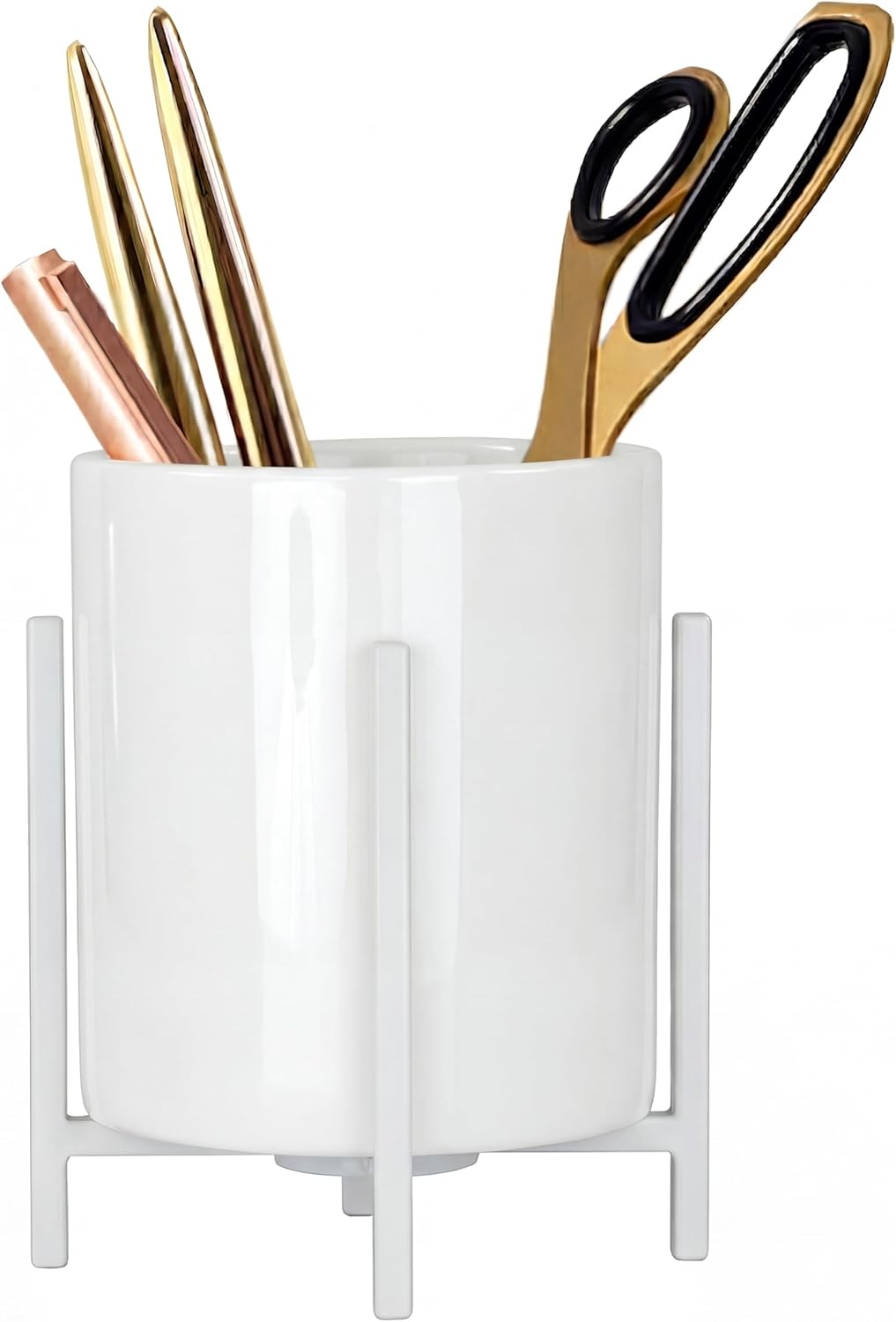 4.72" Gold Pen Holder Aesthetic Pencil Holder for Desk, Gold Desk Organizers and Accessories for Women Girls, Ceramic Pen Holder for Office