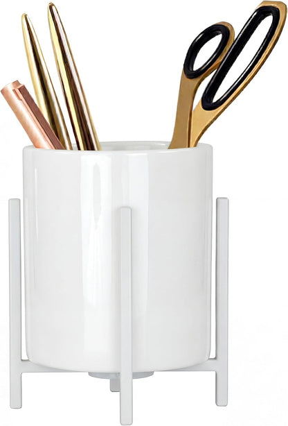 4.72" Gold Pen Holder Aesthetic Pencil Holder for Desk, Gold Desk Organizers and Accessories for Women Girls, Ceramic Pen Holder for Office