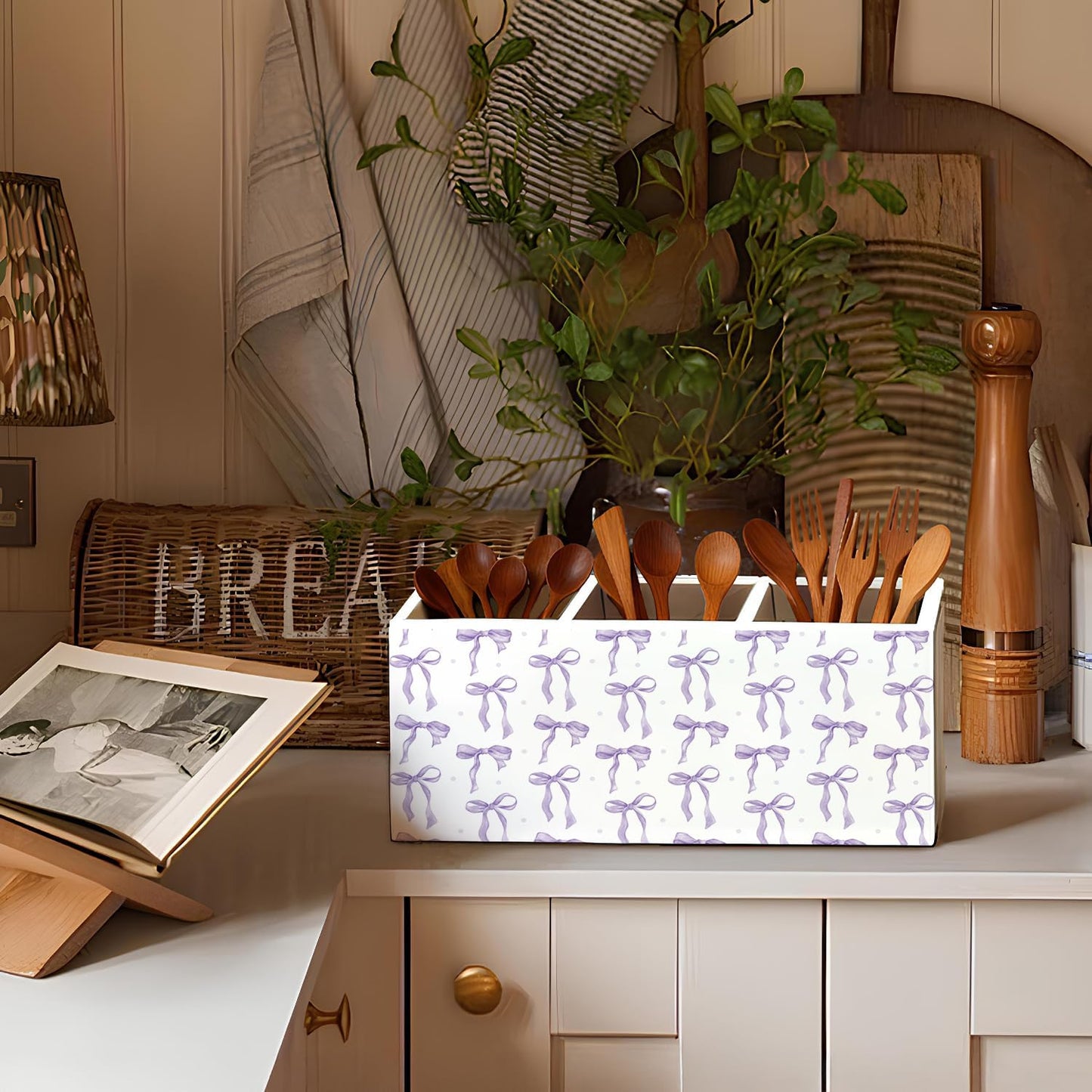 Purple Coquette Bow Pen Pencil Holder for Desk, Girly Office Decor, Preppy Purple Bow Aesthetic Wooden Box Sign Decorations for Girly Room Bedroom Dorm Office Desk Tabletop