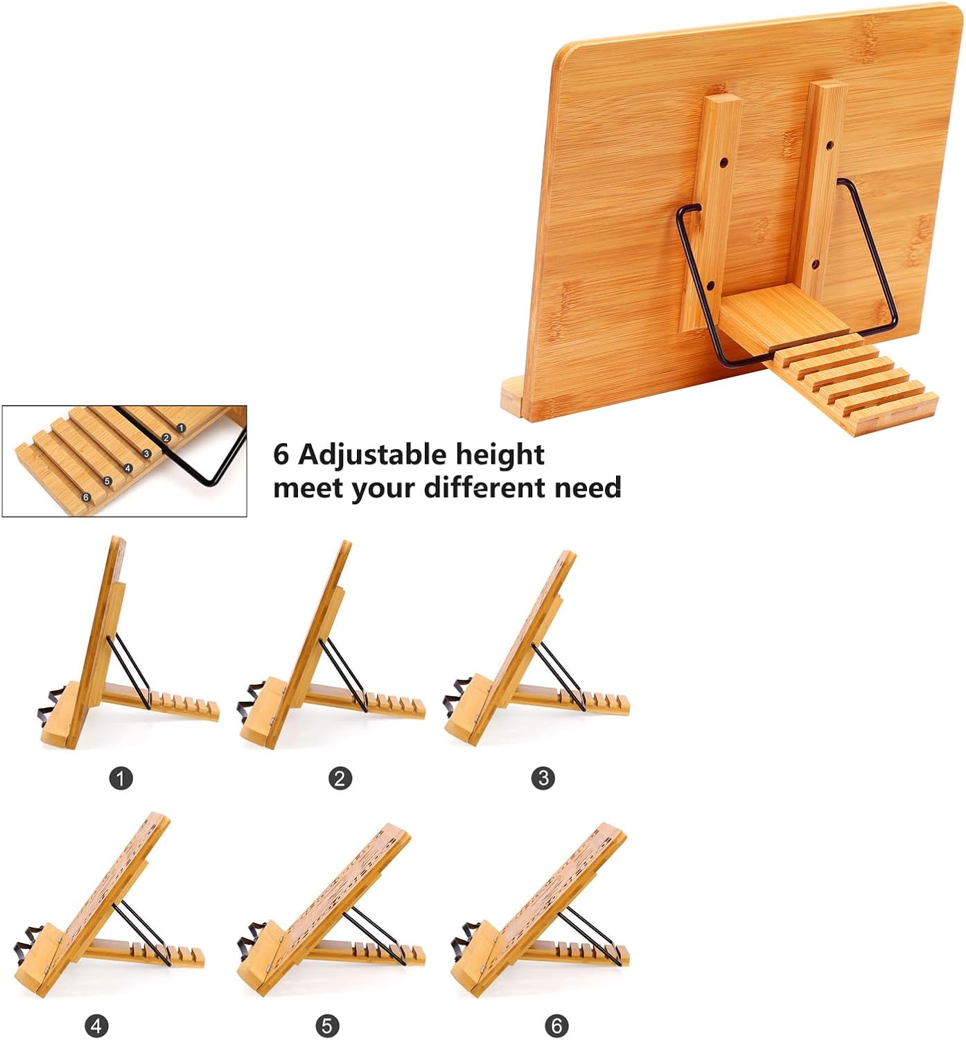 MEGREZ Bamboo Book Stand for Reading, Adjustable Cookbook Holder with Page Clips, Recipe Book Holder for Kitchen, Smooth Surface (11.0 x 8.0 inch)