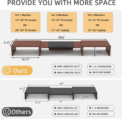 WESTREE Triple Dual Monitor Stand Riser, Extra Long Monitor Stand for 1~2~3 Monitors, Monitor Stand with Length and Angle Adjustable, 3 Shelf Desktop Storage Riser for Monitor Computer Screen Laptop