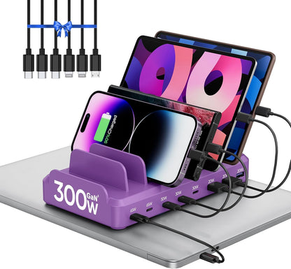 300W Charging Station for Multiple Devices, 8 Port Multi USB C Fast Charger Station Dock for MacBook iPhone 17/16/15/14/13/12 Samsung Pixel Series iPad, Black (6 Mixed Short Cables Included)
