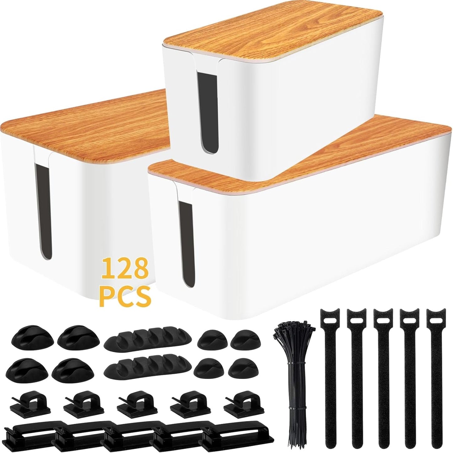 YUANYE Cable Management Box Cable Management Kit for Power Strip to Hide Wires,Cord Organizer Boxes,Safe ABS Material Wire Organizer of Cable Clips Sleeve for Home & Office,3Pack-128PCS /Black
