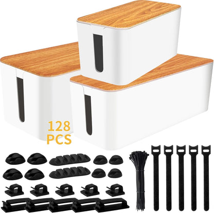 YUANYE Cable Management Box Cable Management Kit for Power Strip to Hide Wires,Cord Organizer Boxes,Safe ABS Material Wire Organizer of Cable Clips Sleeve for Home & Office,3Pack-128PCS /Black