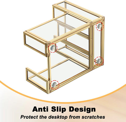 BTSKY Golden Glass 3x3 Inch Sticky Note Holder with Pen Slot, Elegant Post It Note Dispenser with Non-Slip Pads Clear Notepad Holder for Desk Organization Planning, Home Office Decor