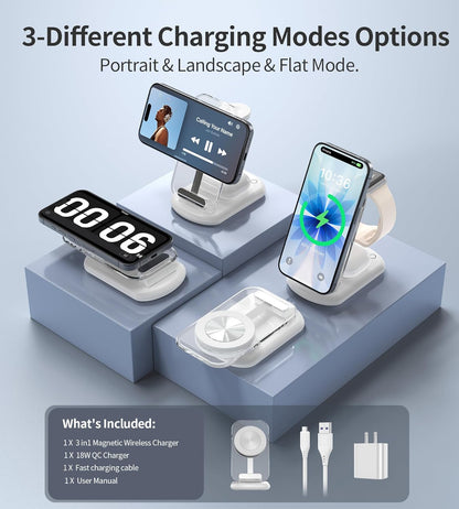 3 in 1 Magnetic Wireless Charging Station for Apple Devices, Fast Foldable Travel Mag-Safe Charger Stand with Night Light for iPhone 17 16 15 14 13 12 Series, Apple Watch/AirPods Pro, BU
