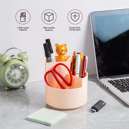 Desk Pencil Pen Holder, 3 Slots 360-Degree Spinning Organizers, Desktop Storage Stationery Supplies, Cute Cup Pot for Office, School, Art Supply, Kids - White