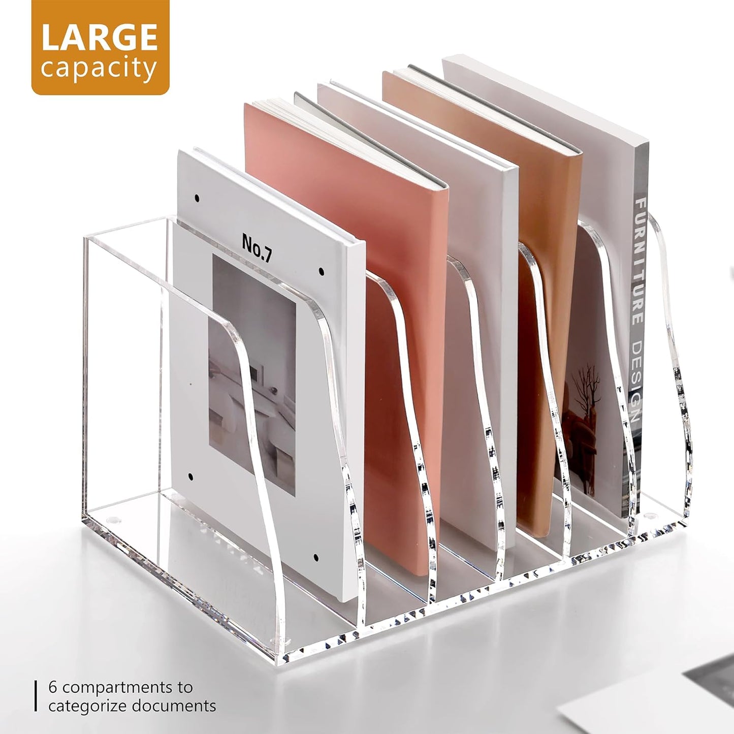 SANRUI Acrylic File Organizer, Clear Magazine File Holder Desk Organizer for Office Organization and Storage with 5 Vertical Compartments, Desktop Bookshelf for Home Office Organization