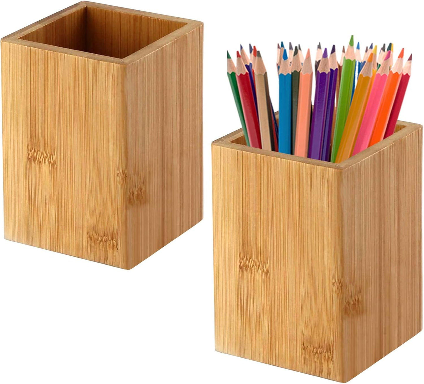 Cerpourt Pen Cup Holder,2 Pack Bamboo Wood Desk Pencil Holder Stand Multi Purpose Use Pencil Cup Pot Desk Accessories,Desktop Organizer Pencil Holder Ideal Gift for Office Home