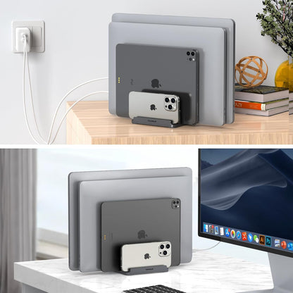 YICOSUN Aluminum Vertical Laptop Stand for Desk - Adjustable Width Dock for MacBook, Surface, Samsung, HP, Dell up to 17.3 inches - Space-Saving & Protective Design - Gray