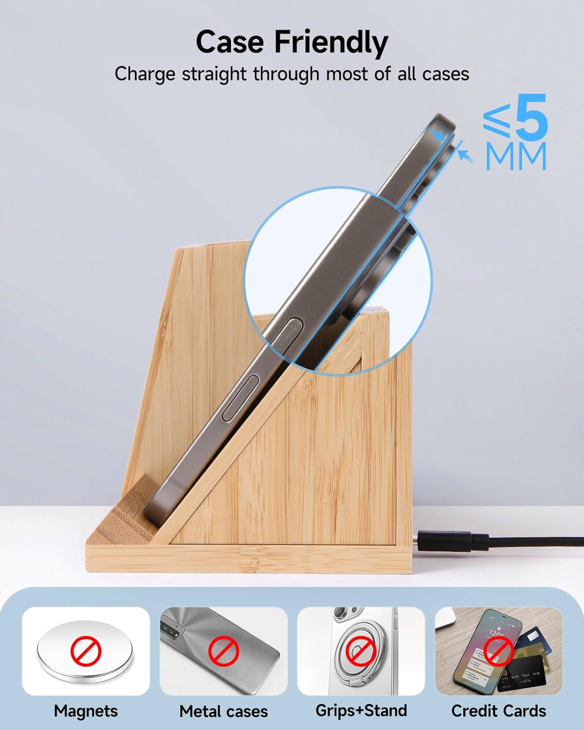 Bamboo Pen Holder for Desk & Nightstand Organizer with Fast Wireless Charging for iPhone, Samsung & More – Office Desk Accessories for Men/Women (Natural)