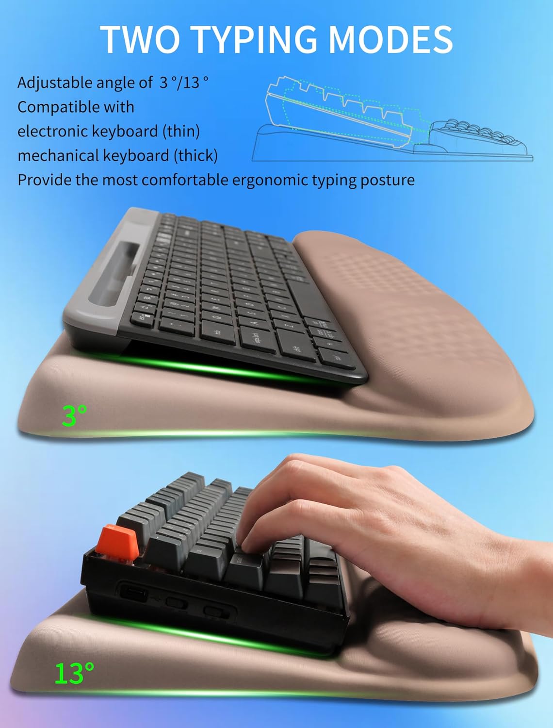 Ergonomic Wave Wrist Rest with Keyboard Stand, Cushioned Palm Rest, Comfortable Integrated Memory Foam for Natural Typing and Relieve Wrist Pain, Dark Night Black