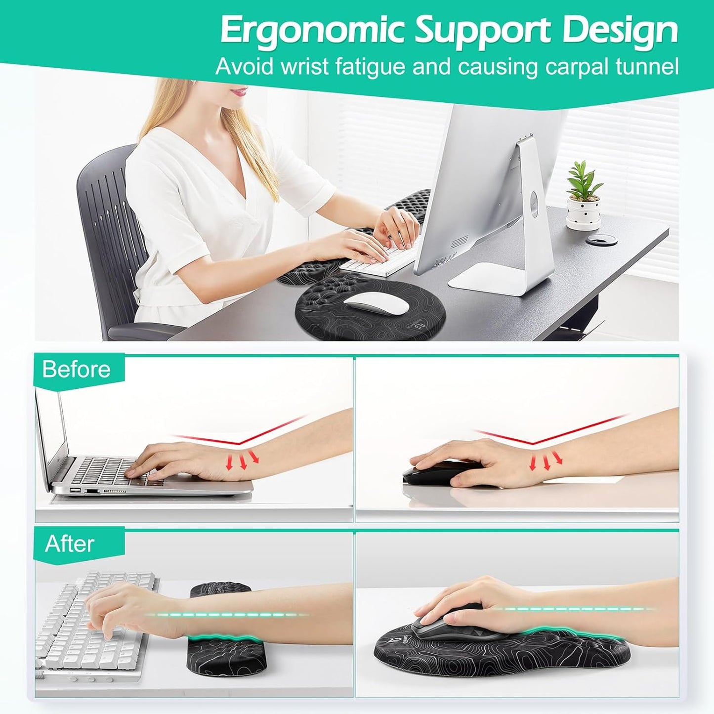 Gimars Elongate Smooth Lycra Fabric Ergonomic Mouse Pad Wrist Support, Gel Memory Foam Cushion Set Keyboard Wrist Rest Support, Pain Relieve for Computer, Laptop, Office, School, Home, Gaming, Black