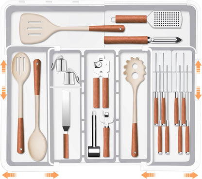 Homecor Large Utensil Organizer for Kitchen Drawer, Expandable Silverware Drawer Organizer Cooking Tray, Cutlery and Flatware Utensil Holder Kitchen Spatula Tools Storage with 3 Dividers, Grey