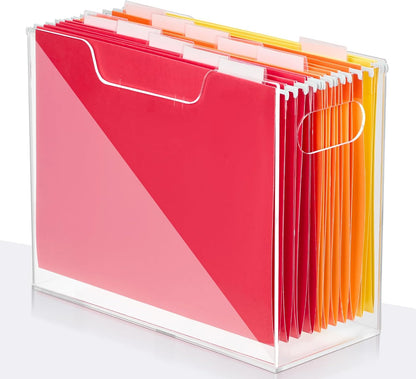 Jumyee Clear Acrylic File Folder Organizer with Handle – Portable Hanging File Box for Letter/A4, See-Through Desktop File Storage for Home Office School (No Folders Included)