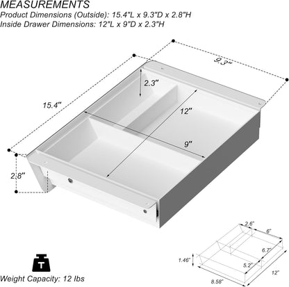 Under Desk Mounted Sliding Drawer with 60 Degree Tilt Panel to Pull Out, 15'' Long & 9'' deep Large Storage Organizer for Sit Stand Workstation