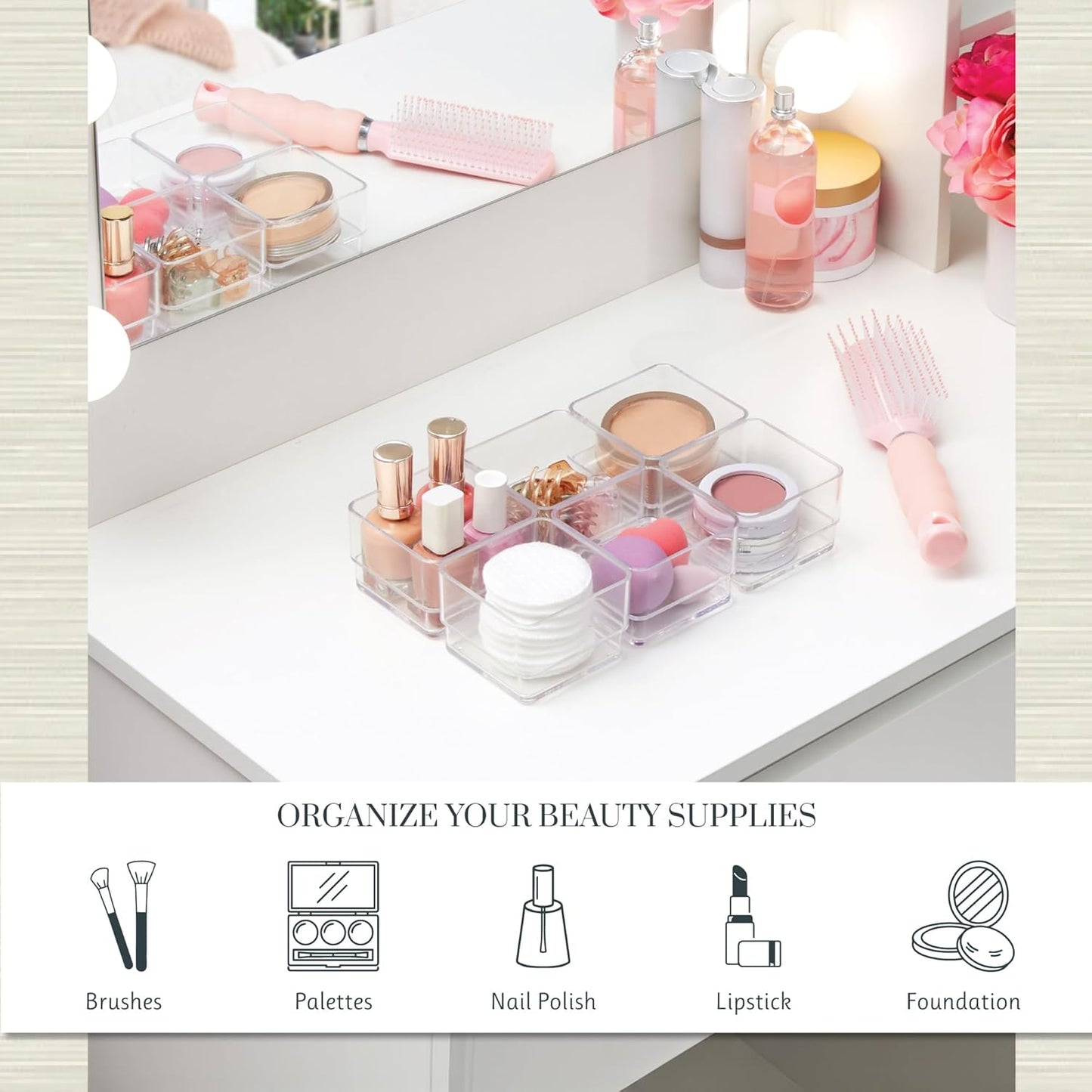 STORi SimpleSort 6-Piece Stackable Clear Drawer Organizer Set | 12" x 3" x 2" Rectangle Trays | Narrow Makeup Vanity Storage Bins and Office Desk Drawer Dividers | Made in USA