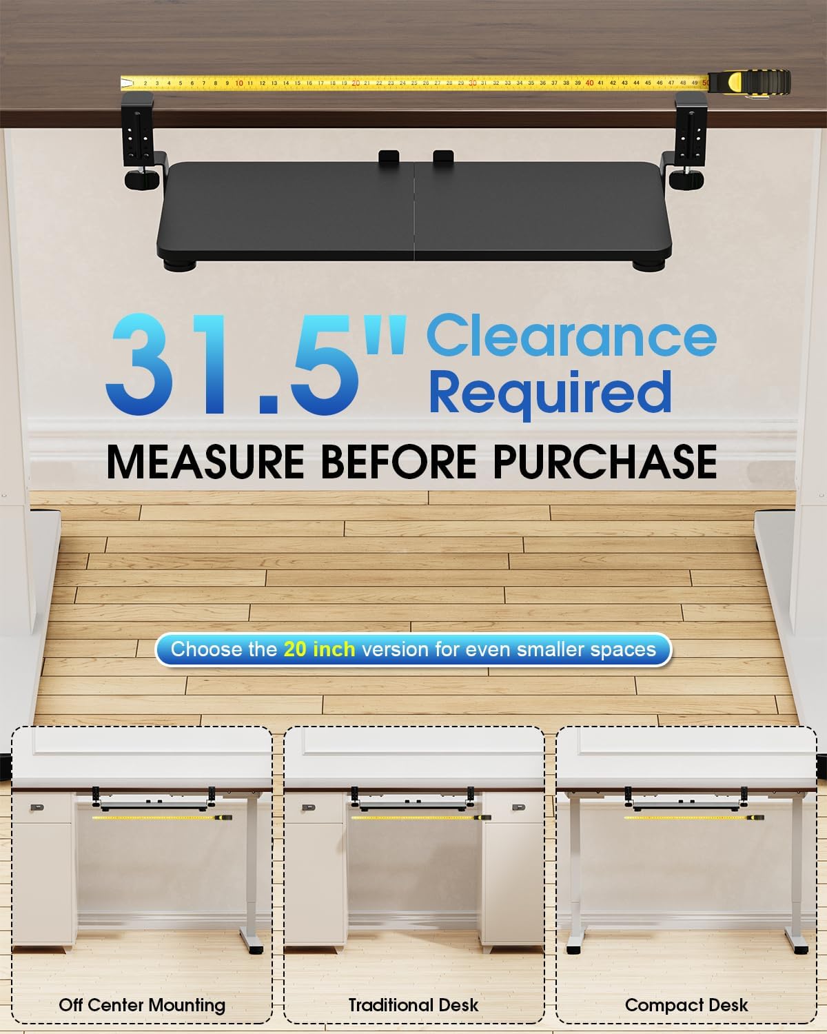 Large Keyboard Tray Under Desk, Pull Out Keyboard & Mouse Tray with Adjustable C-clamp, 25.6(31.5 Including Clamps) x 11.8 Inch Slide Out Computer Keyboard Drawer Mouse Tray for Typing, Brown