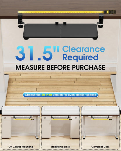 Large Keyboard Tray Under Desk, Pull Out Keyboard & Mouse Tray with Adjustable C-clamp, 25.6(31.5 Including Clamps) x 11.8 Inch Slide Out Computer Keyboard Drawer Mouse Tray for Typing, Brown