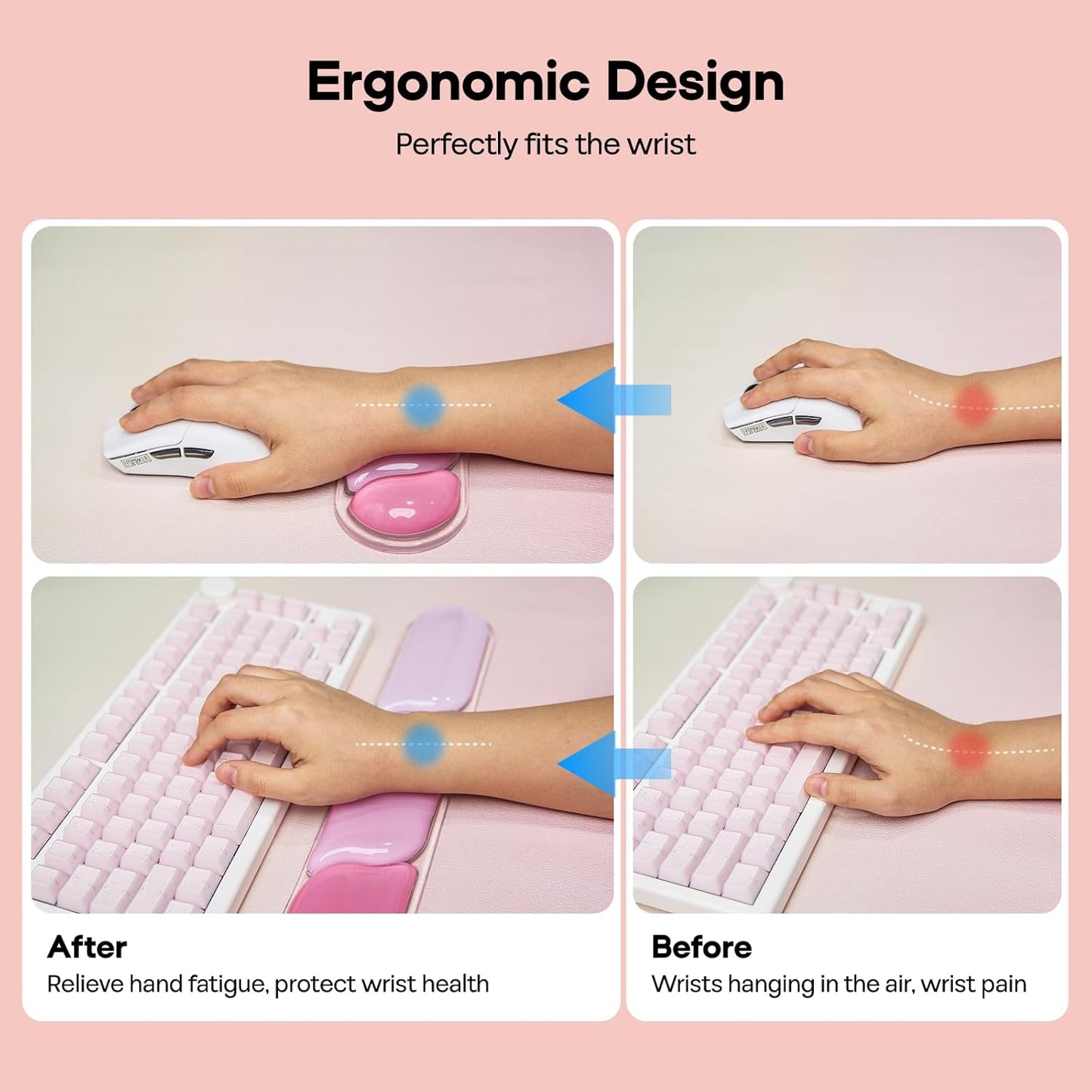 EPOMAKER CloudGel Wrist Rest for Keyboard and Mouse, 2 Pieces Silicone Wrist Support, Anti-Slip Rubber Bottom, Ergonomic Design, Suitable for Office/Computer/Laptop/Gaming (Pink)