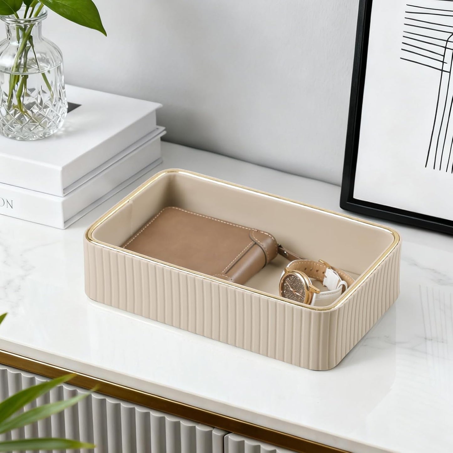 Desk Organizer Tray, PU Leather Nightstand Organizer Perfume Valet Tray for Men Women, Decorative Vanity Trays Trinket Dish Key Bowl for Entryway Table (2pcs, Ivory, Large+Small)