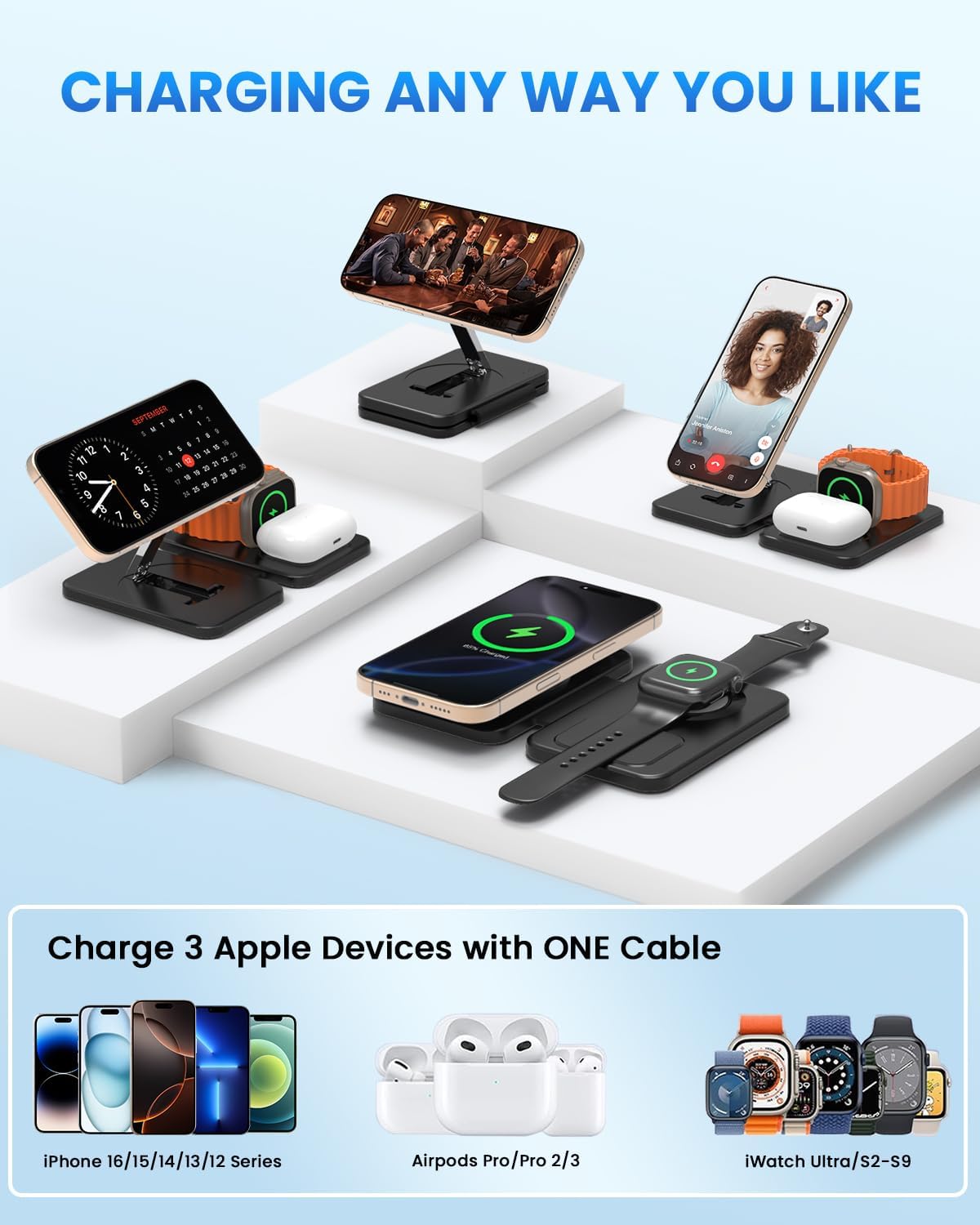 Charging Station for iPhone and Apple Watch: 3 in 1 Wireless Phone Charger Stand for iPhone 17 16 15 14 13 12 11 Pro Max & AirPods, Bedside Nightstand Docking