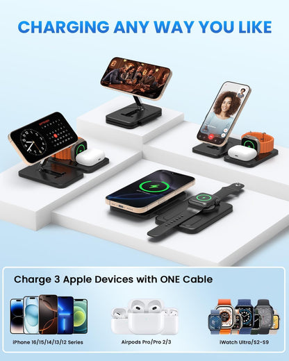 Charging Station for iPhone and Apple Watch: 3 in 1 Wireless Phone Charger Stand for iPhone 17 16 15 14 13 12 11 Pro Max & AirPods, Bedside Nightstand Docking