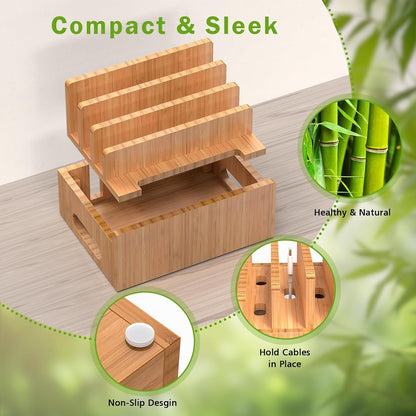 Pezin & Hulin Bamboo Charging Station for Multiple Devices with 5 Port USB Charger, 5 Cables, Watch&Earbuds Stand, Electronic Device Desktop Organizer for Cellphone, Tablet, Watch, Earbuds
