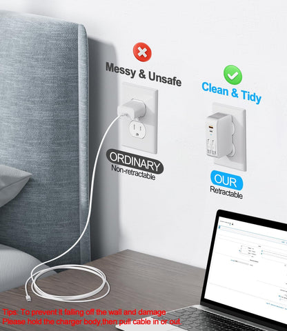 4 in 1 Retractable Wall Charger with Dual Cables,40W Retractable Phone Charger Wall Plug with Dual USB Ports,20W USB C Chargers Block Fast Charging for iPhone 17 16 15 14 13,LG, Galaxy S24 23,Pixel