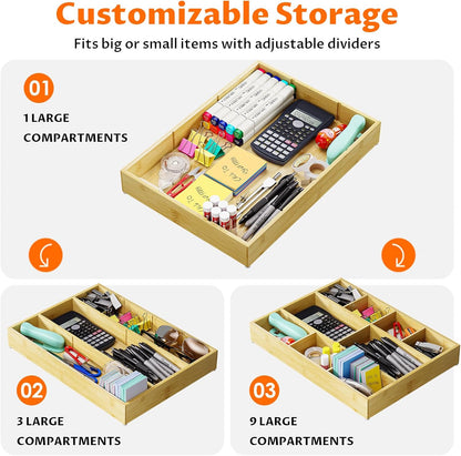 Bamboo Drawer Organizer with 9 Adjustable Compartments, Office Desk Organization Tray for Office Utensils, Supplies, Makeup, Jewelry, and More – Ideal for Desk or Drawer Storage