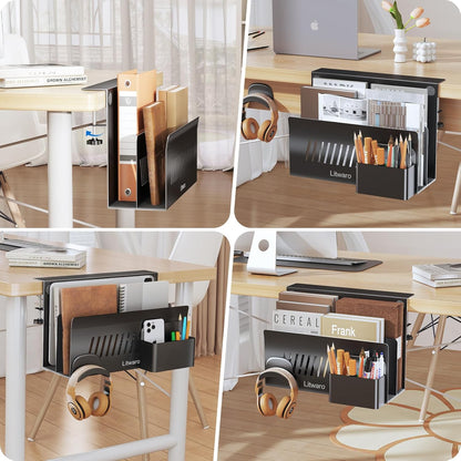 Litwaro Desk Side Storage Organizer, 2 Tier Under Desk Laptop Holder No Drill, Laptop Mount with Magnetic Pen Holder, Hanging Desk Organizer Fits Flat Edge Desks 0.4" to 2.1" (White)