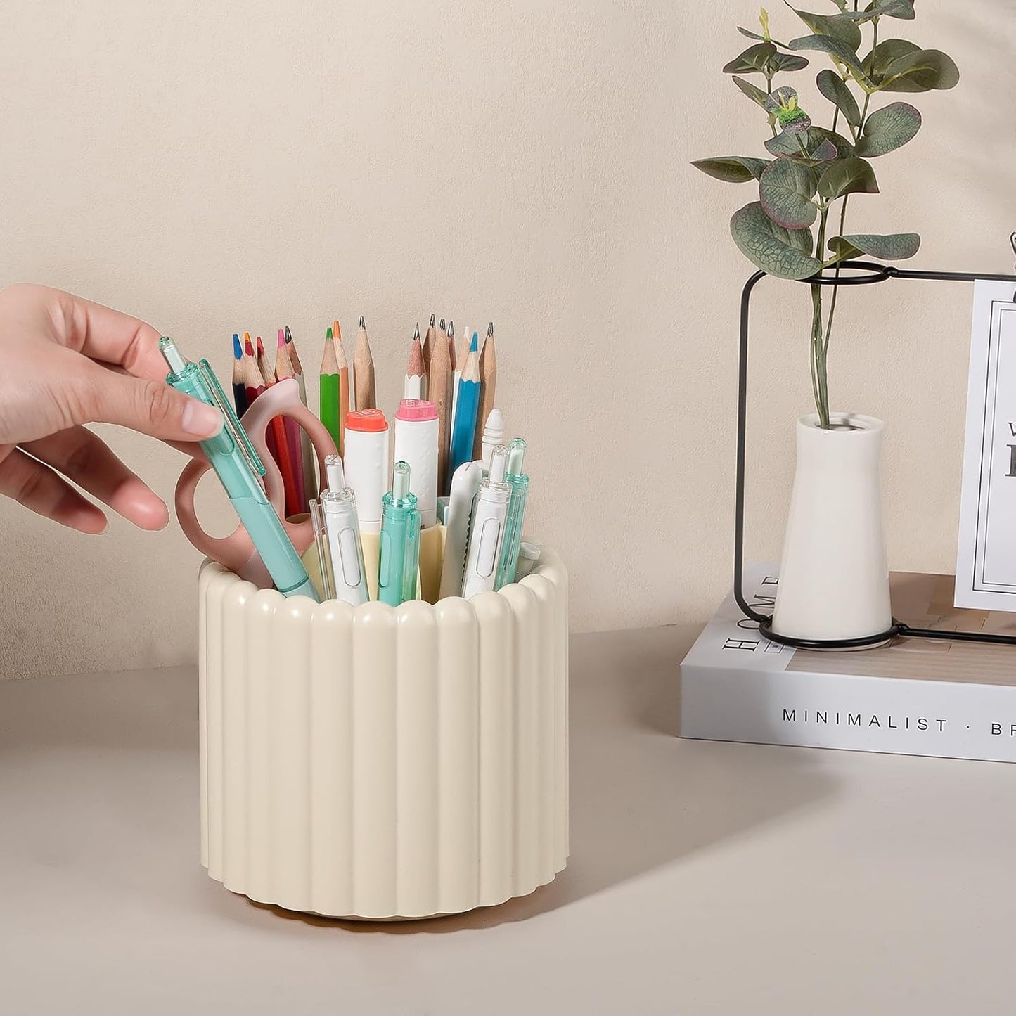 Anyoifax 360° Rotating Pen Holder 7 Slots Desk Organizer Removable Pencil Cup Plastic Art Supplies and Accessories Desktop Storage Box Caddy for Office, School, Home (White)
