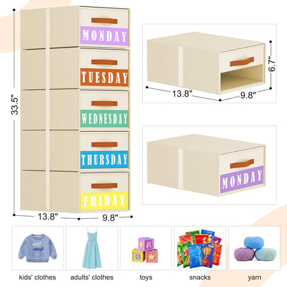 Stackable Storage Drawers - Pull Out Storage Bins with Drawers for Closet Clothes Organizers with Weekly Labels & Clear Window, Closet Shelf Storage for Bedroom, Living Room, 5 Pack, White