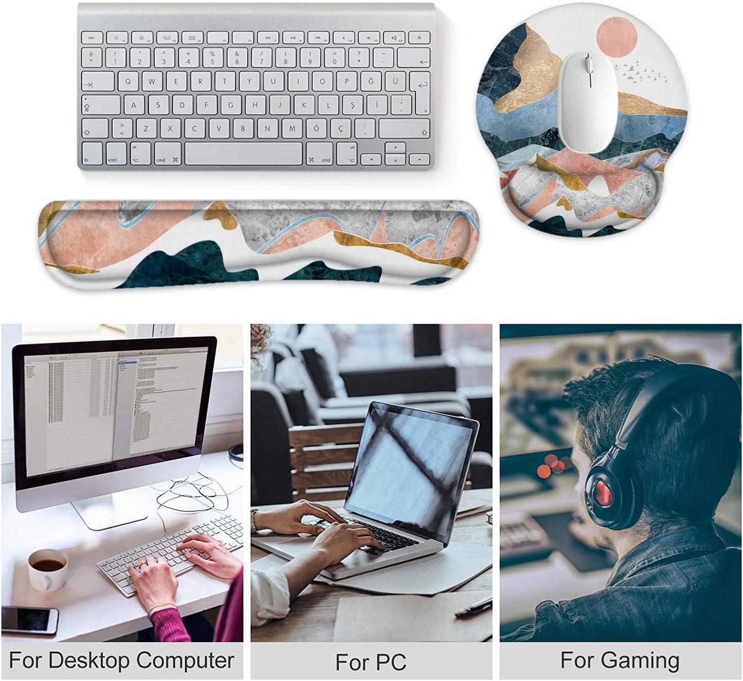 LATEEFAH Mouse Pad with Wrist Rest, 3-in-1 Gaming Mouse Pad, Keyboard Wrist Rest, Ergonomic Memory Foam Mousepad with Wrist Support for Computer Keyboard