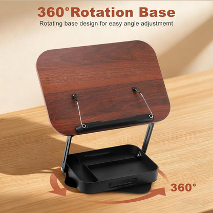 Book Stand for Reading Hands Free, 360° Rotating & Foldable Book Holder Stand for Desk with Storage Box, Carbon Steel Cookbook Recipe Book Holder for Kitchen, Office, Bible Study (White)