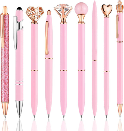 BESARTE 9 Pcs Pink Pens With Pen Holder for Desk, Fancy Pens Pink Mom Gifts Desk Accessories for Weddings Parties Mothers Day Gifts for Mom Wife