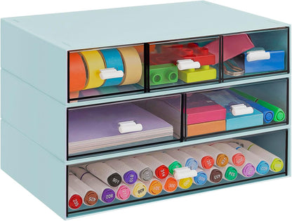 3 Tier Stackable Desk Organizer with 6 Drawers, YOCOMEY Plastic Desktop Storage Box Drawers, Detachable Makeup Storage Office Stationery Supplies Organizer for Office School(Clear)
